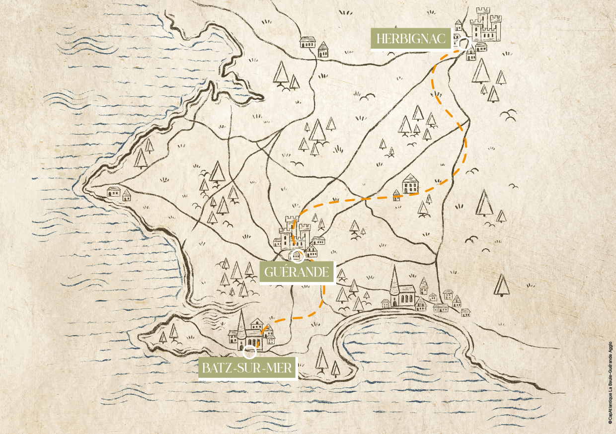 Carte parcours d'exposition John Howe avec Guérande, Herbignac et batz-sur-mer