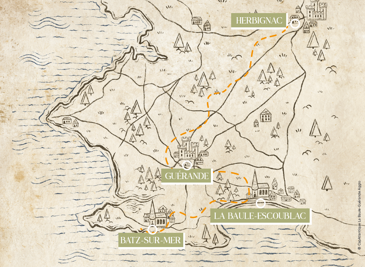 Plan dessiné du parcours d'exposition John Howe avec Guérande, La Baule, Herbignac et Batz-sur-Mer