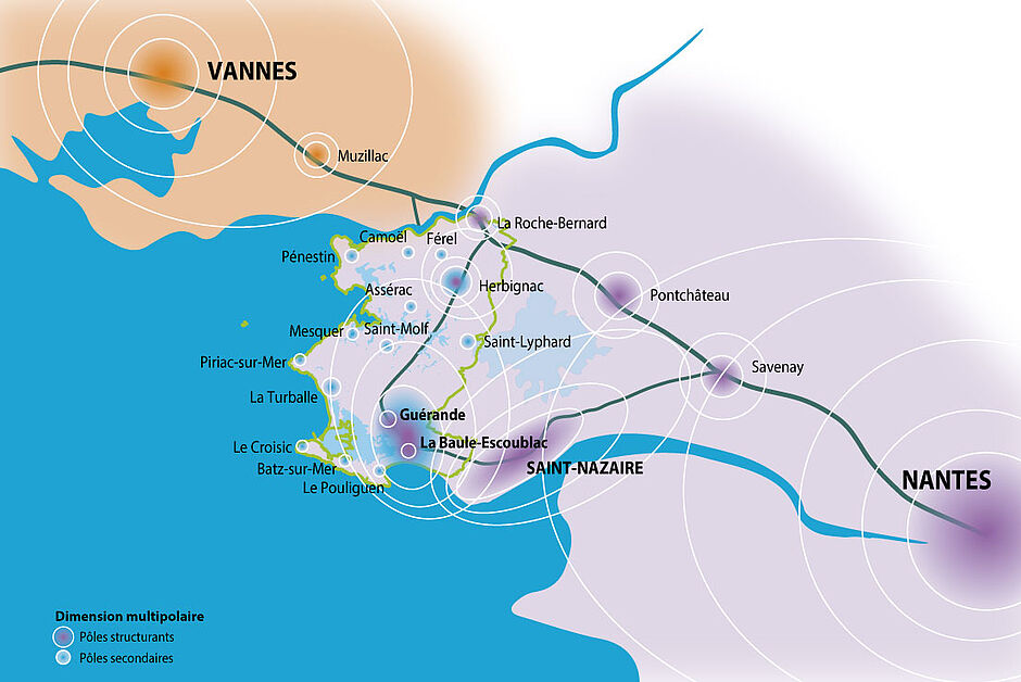 Carte du rayonnement de Cap Atlantique vers Saint-Nazaire, Vannes et Nantes